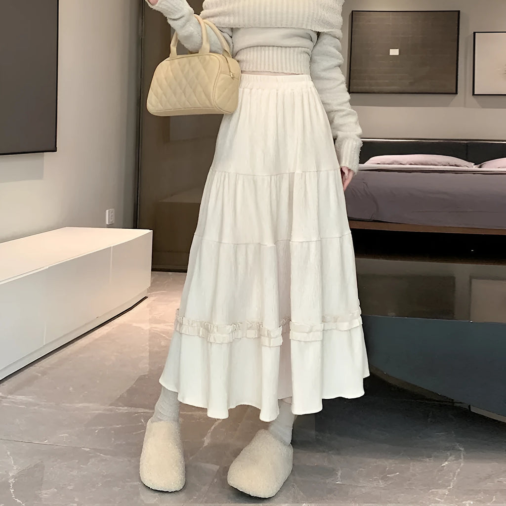 Corduroy A-line midi skirt with elastic waistband in solid colour options