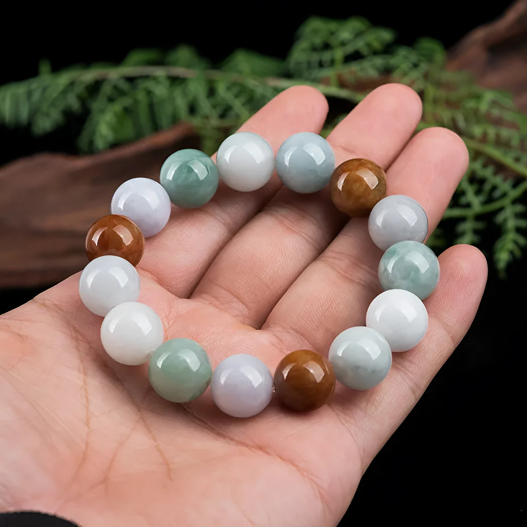 Women's jade bracelet with three colours, 13mm round beads, certificate included