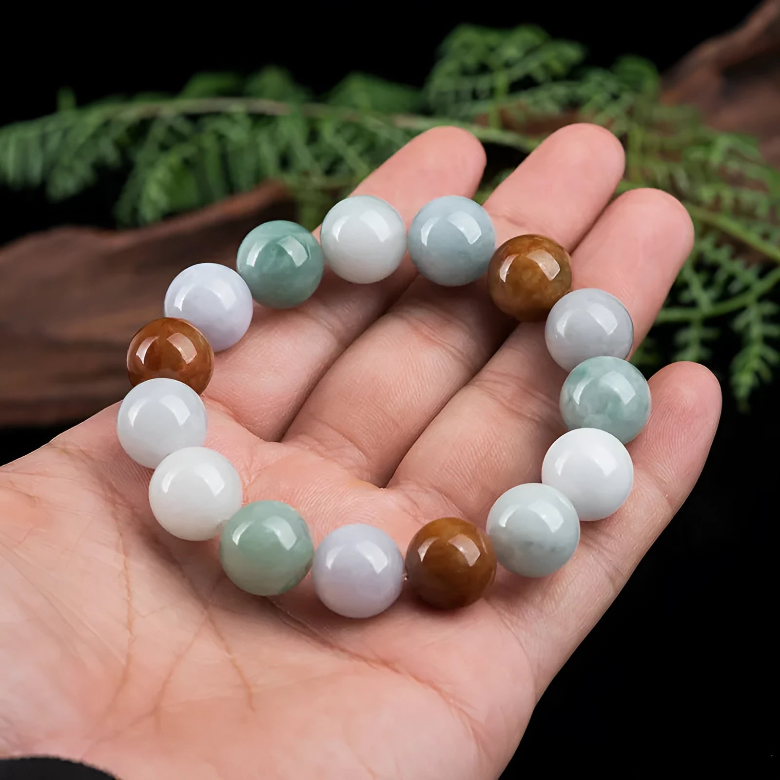 Women's jade bracelet with three colours, 13mm round beads, certificate included