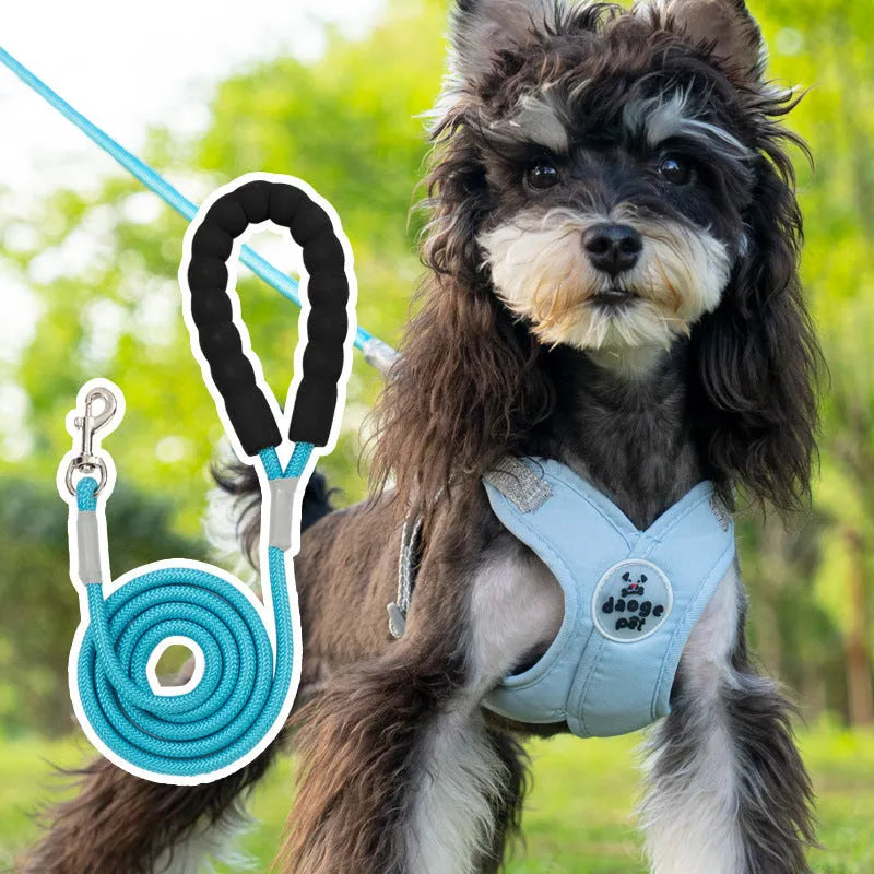 Polyester dog vest and matching hand holding rope leash set in blue, green, pink, or yellow.