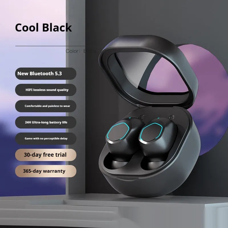 New Bluetooth headset wireless noise reduction sports cute in-ear earbuds in black with plastic construction