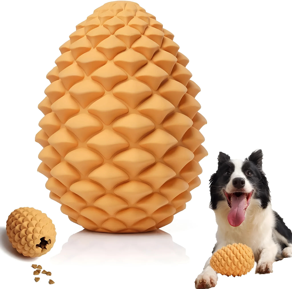 Pine cone shaped natural rubber dog chew toy with treat dispenser for medium and large dogs