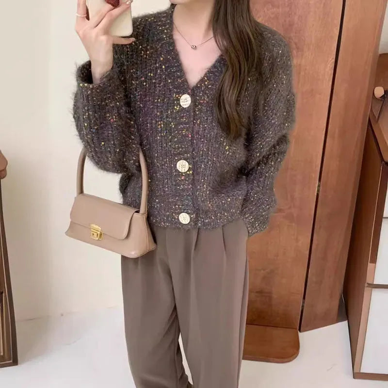 Vintage coloured dot short loose knitted cardigan sweater in purple black beige polyester long sleeve free size