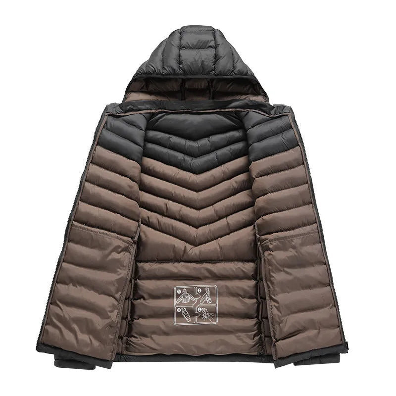 Men's lightweight black down jacket with a hood and detachable collar, showing zipper and pocket detail.