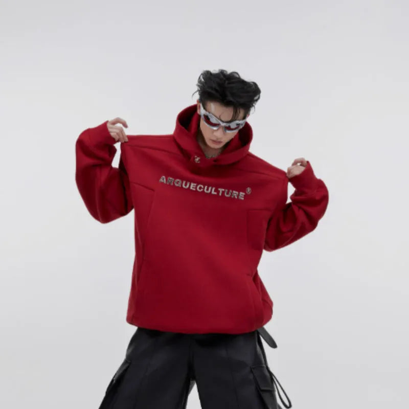 Men's loose-fit hooded sweatshirt with three-dimensional printing in red, black, and grey.