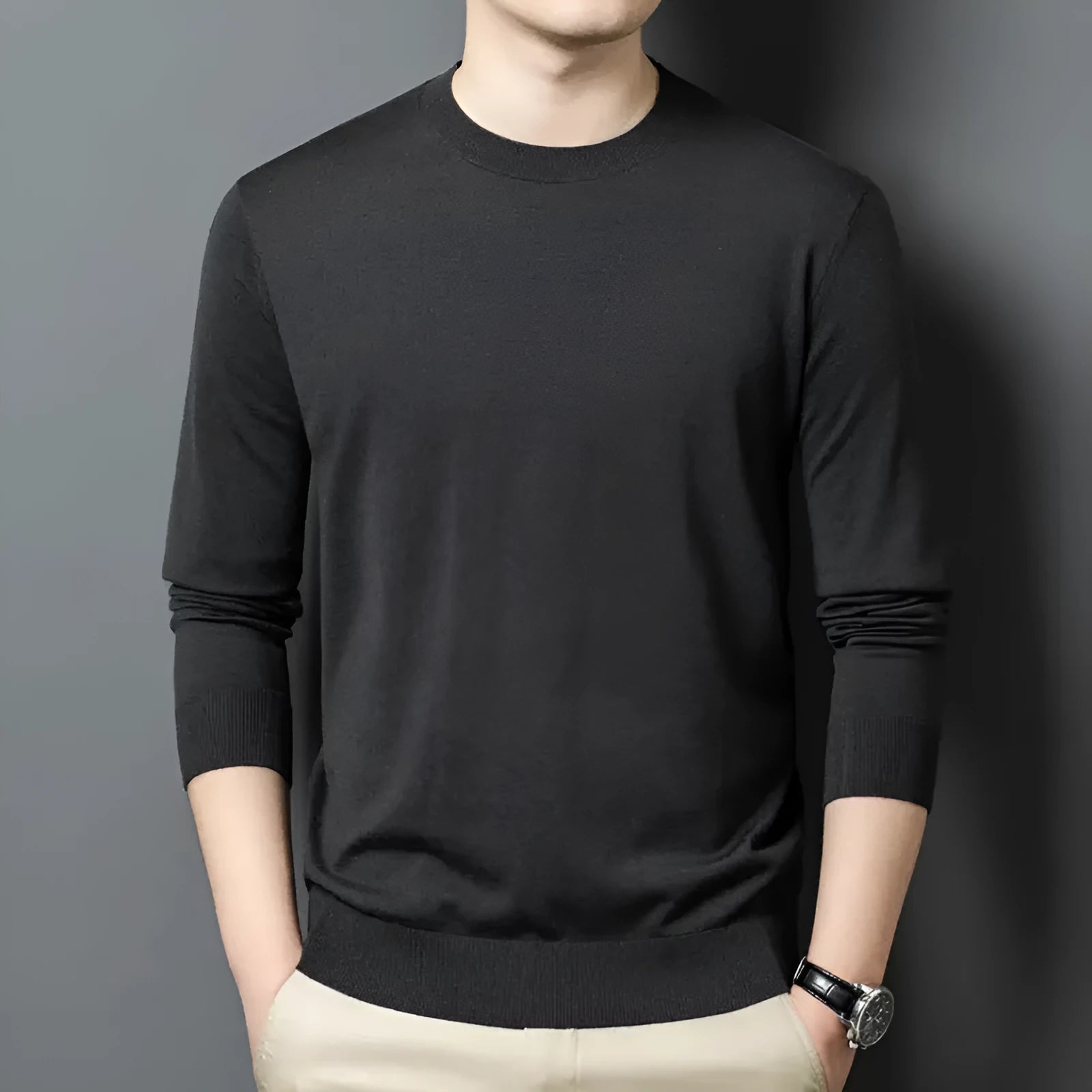 Men's round neck long sleeve wool sweater in a pullover style for winter.