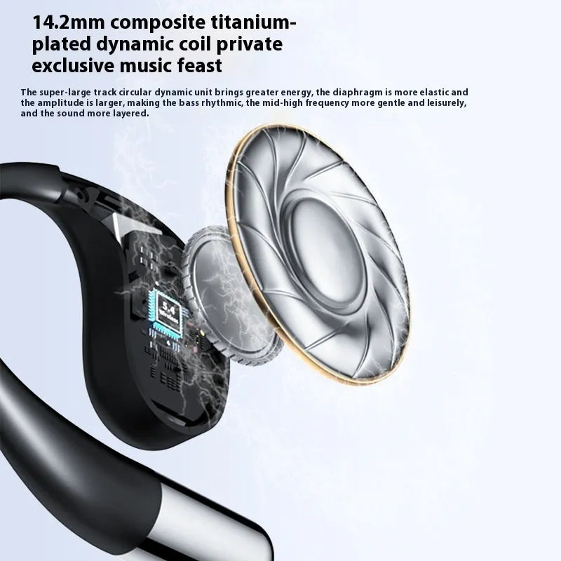 Black sports Bluetooth earphones with ear-hook design, shown next to charging case.