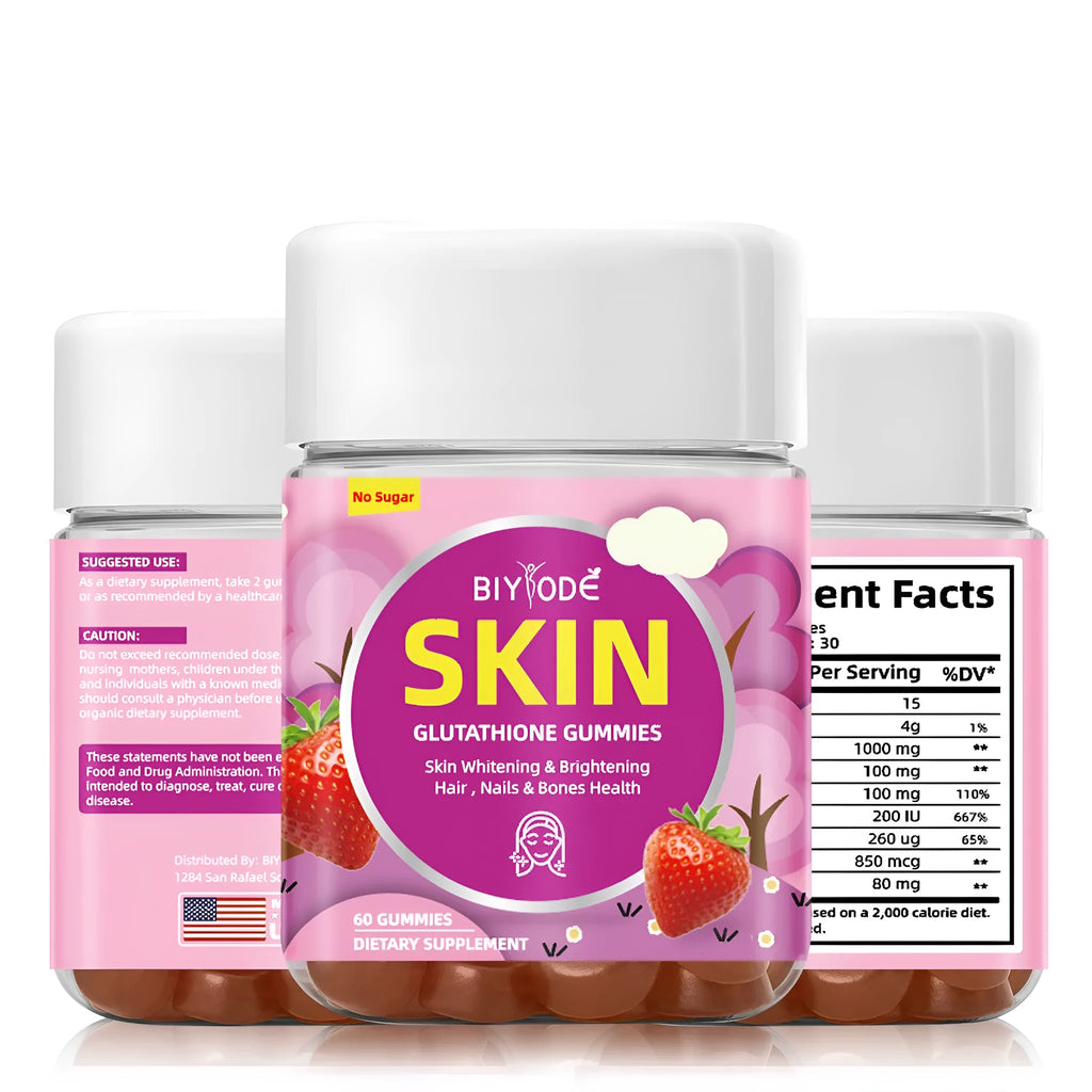 Bottle of private label skin whitening gummies with glutathione and collagen ingredients