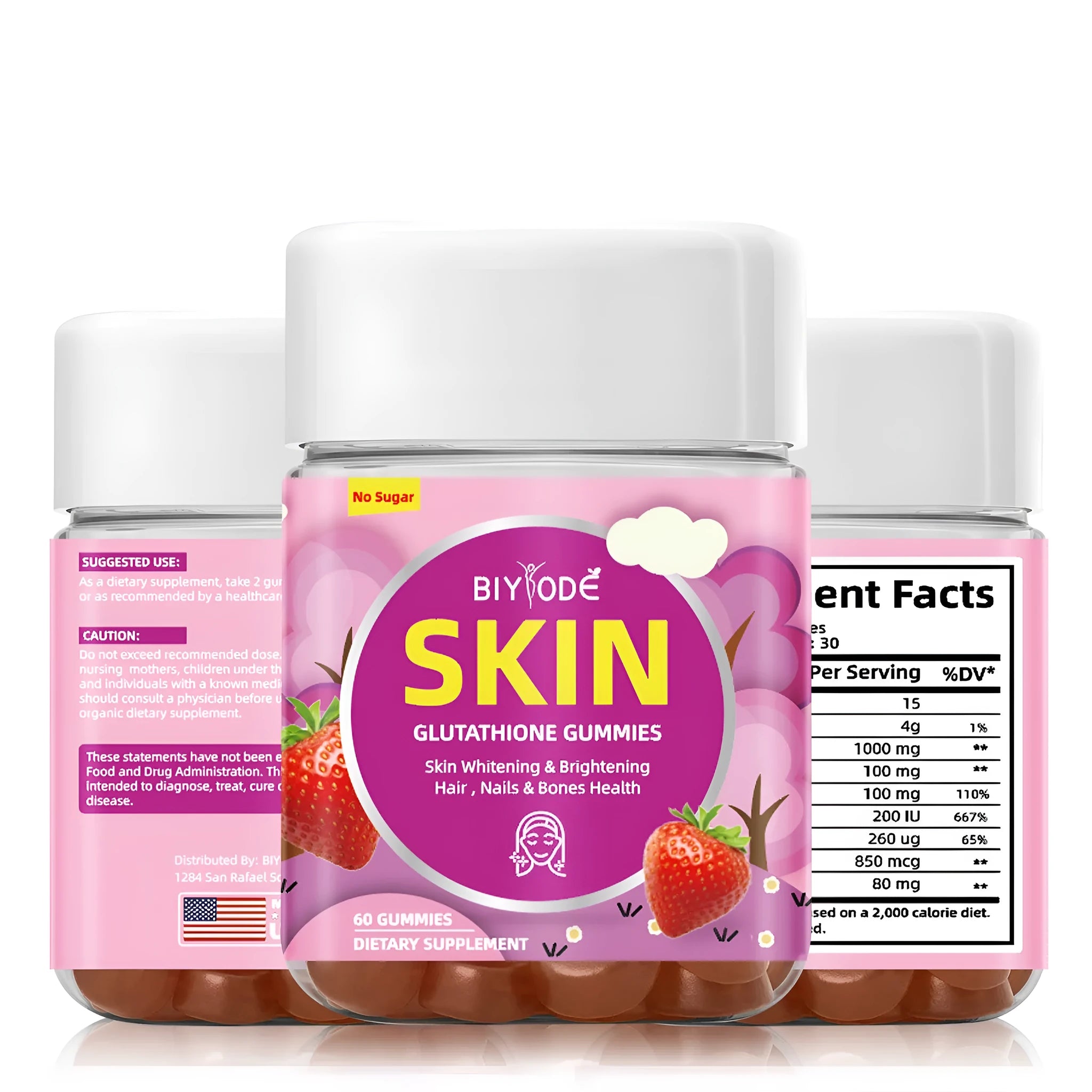 Bottle of private label skin whitening gummies with glutathione and collagen ingredients