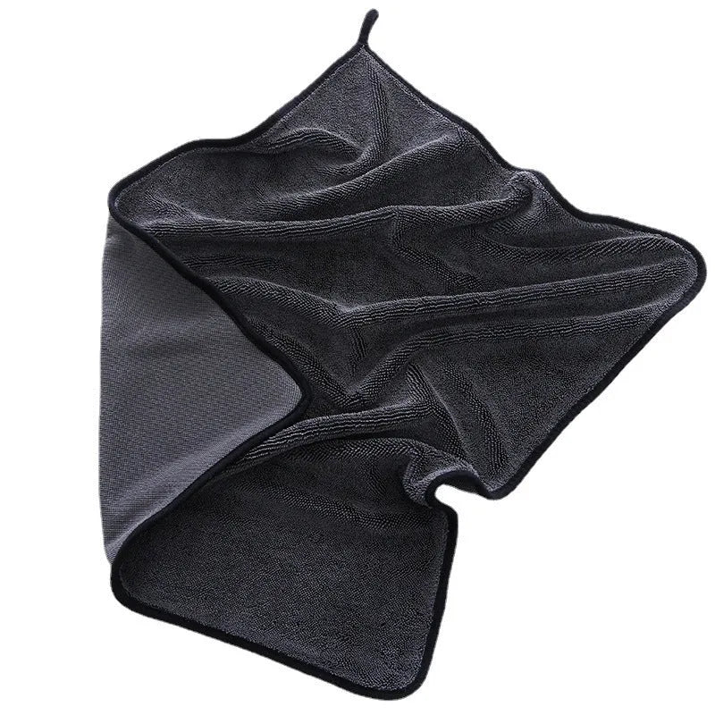 Grey car wash towel with spiral hair texture and contrasting border trim in multiple size options