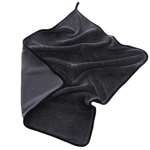 Grey car wash towel with spiral hair texture and contrasting border trim in multiple size options