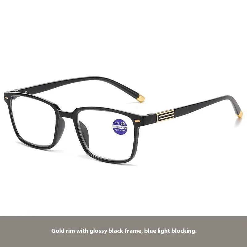 Multifocal reading glasses with anti-blue-light and colour-changing lenses in a black and silver frame.