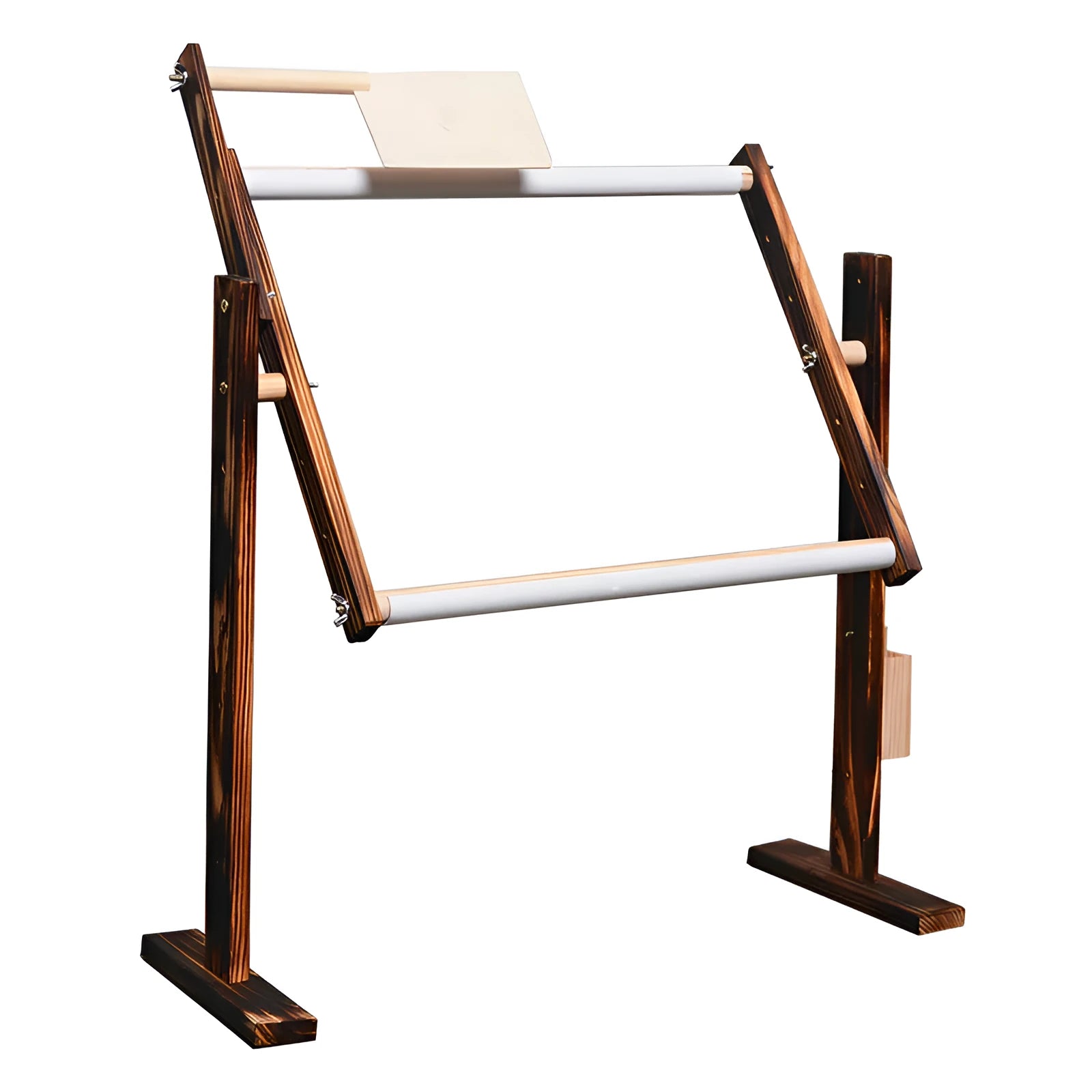 Vertical desktop pine wood cross stitch frame with height adjustment in log colour finish
