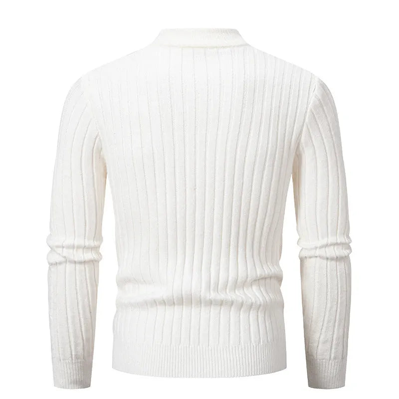 Men's slim fit jacquard knit pullover sweater in beige, front view, long sleeves, crew neck