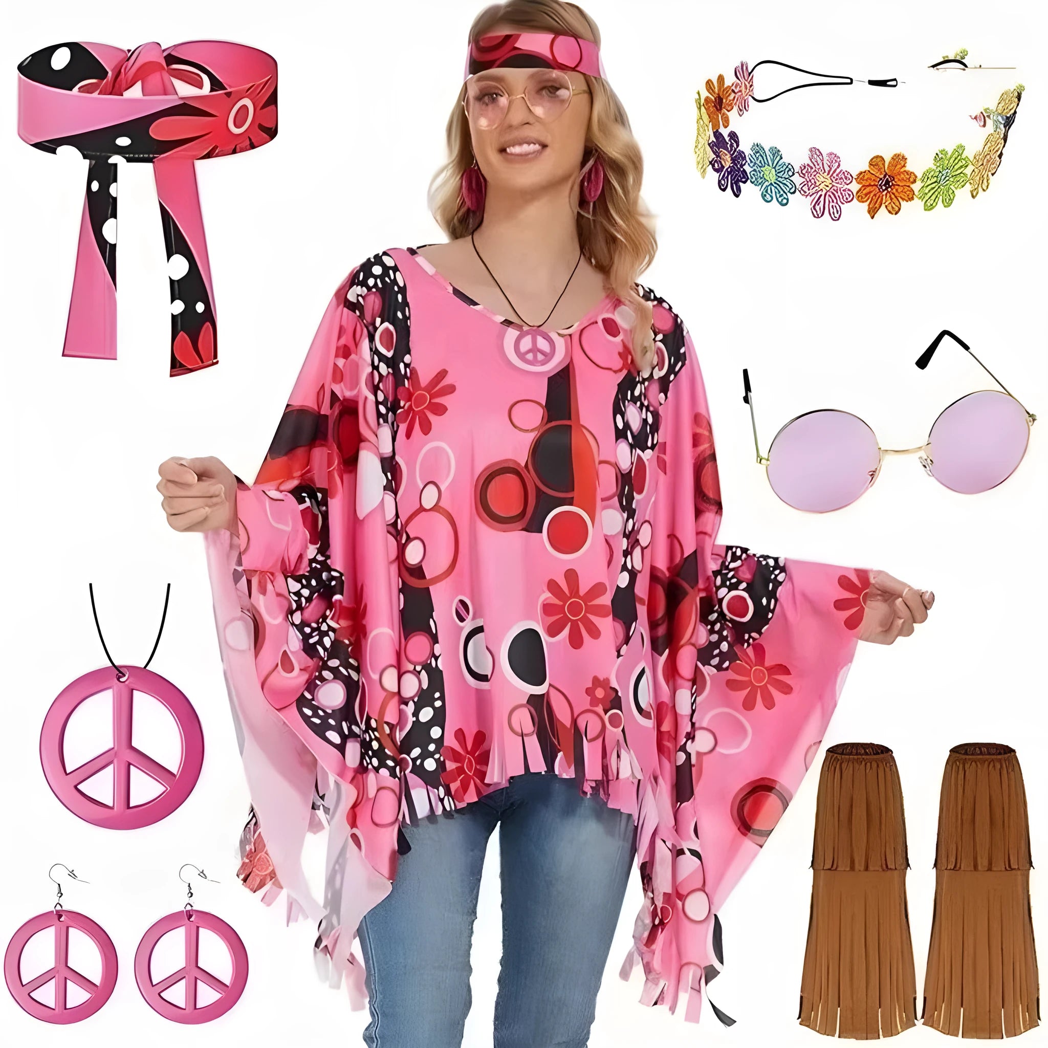Tie dye spandex cloak costume with bell sleeves in rainbow colours for Halloween parties
