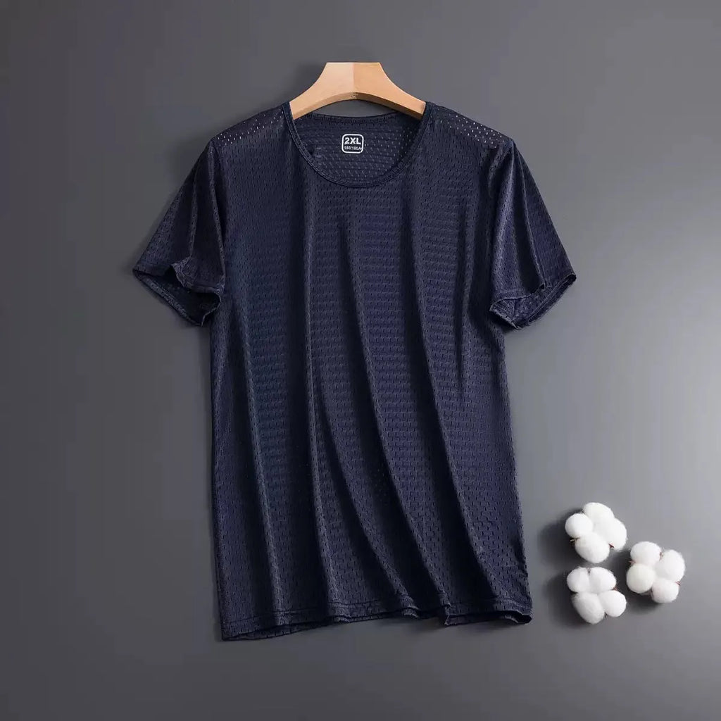 Men's solid colour Ice Silk short sleeve crew neck T-shirt in loose fit on a hanger.