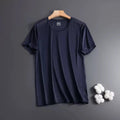 Men's solid colour Ice Silk short sleeve crew neck T-shirt in loose fit on a hanger.