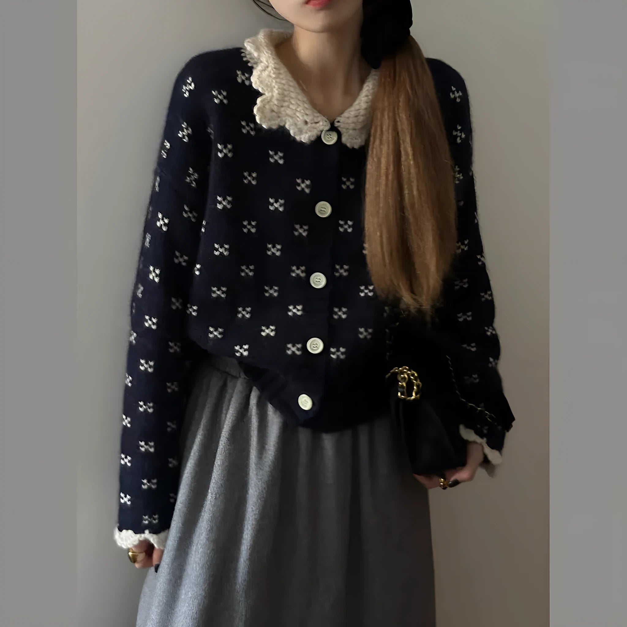 Retro Peter Pan collar knitted cardigan coat in a floral pattern