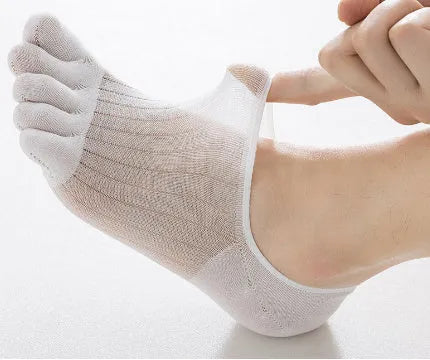 Modal cotton five-finger ultra-thin boat socks in solid colours including black, grey, khaki, and white.