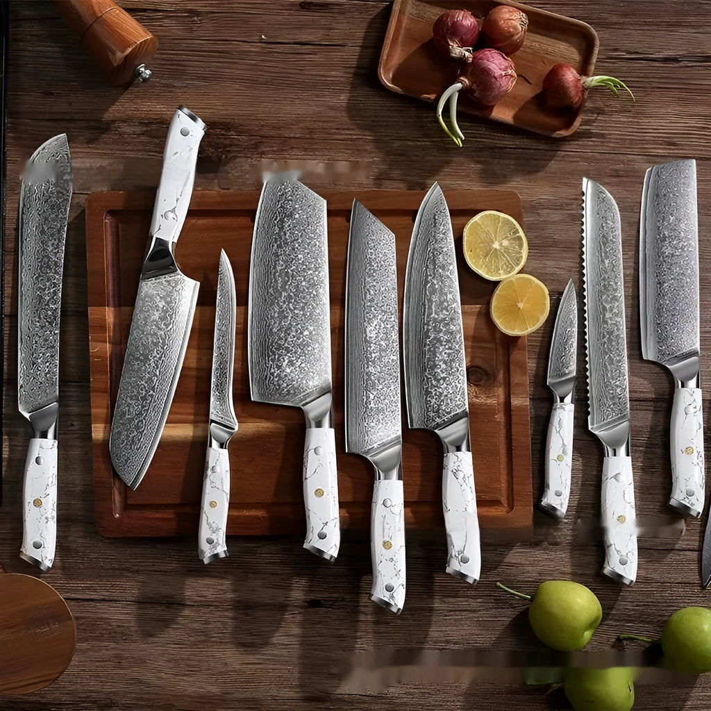 Damascus pattern chef's knife with 21cm VG10 steel blade and 11cm handle showing Japanese knife construction