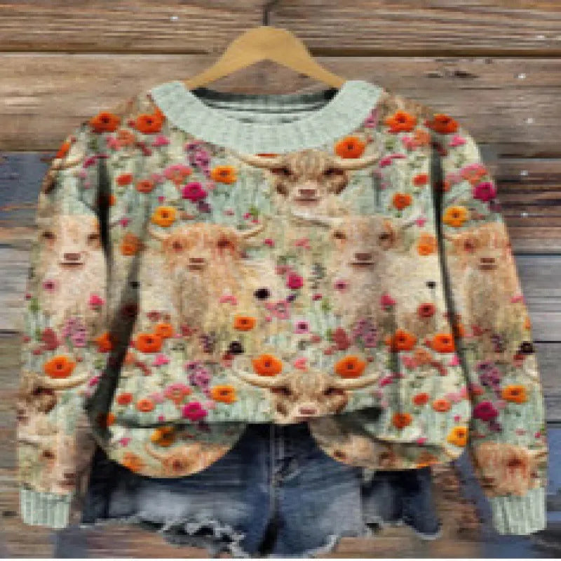 Little flower digital print on a round neck polyester sweater, shown on a hanger.