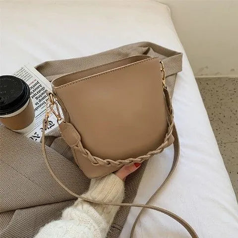 Retro woven pattern crossbody bucket bag with adjustable strap in khaki colour