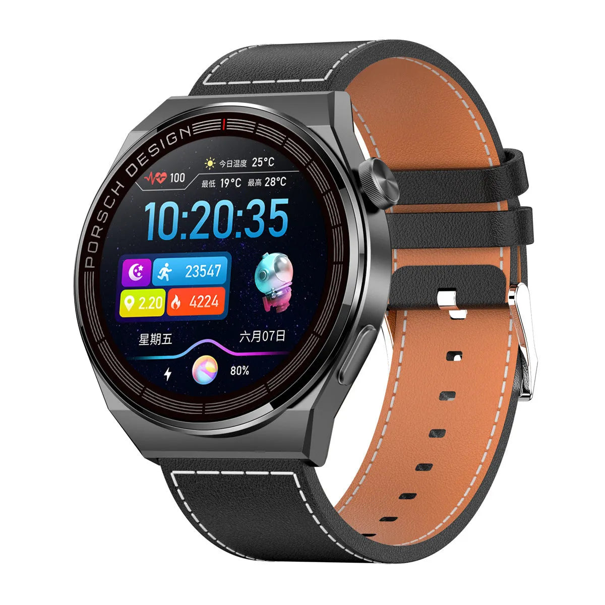 Smartwatch with 1.39 inch glass screen, black shell, black silicone strap, showing step counter screen
