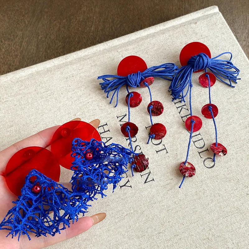 Handmade geometric cloth earrings with silver needle blue resin flower decoration