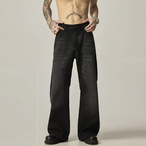 Black loose straight leg men's jeans with retro styling and zipper fly