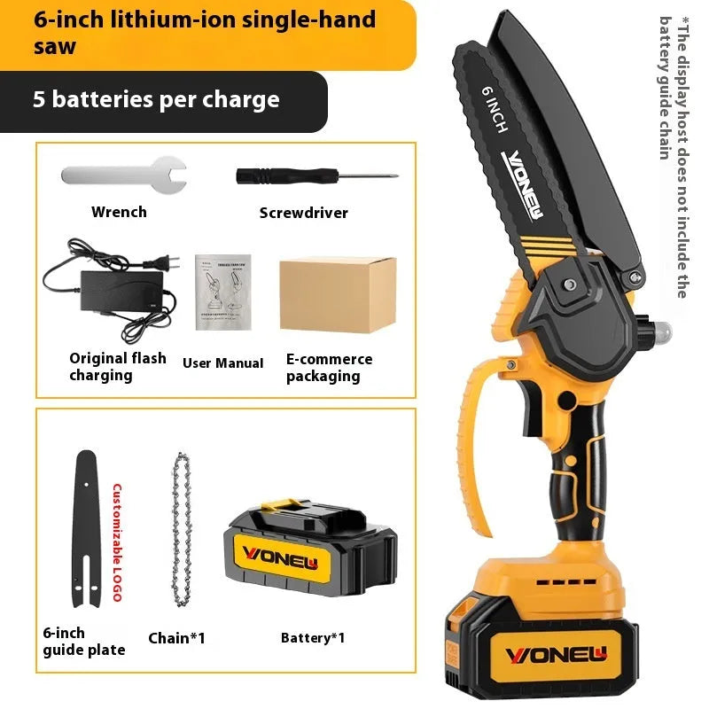 6-inch handheld household mini chainsaw with rechargeable lithium battery for garden pruning and wood cutting