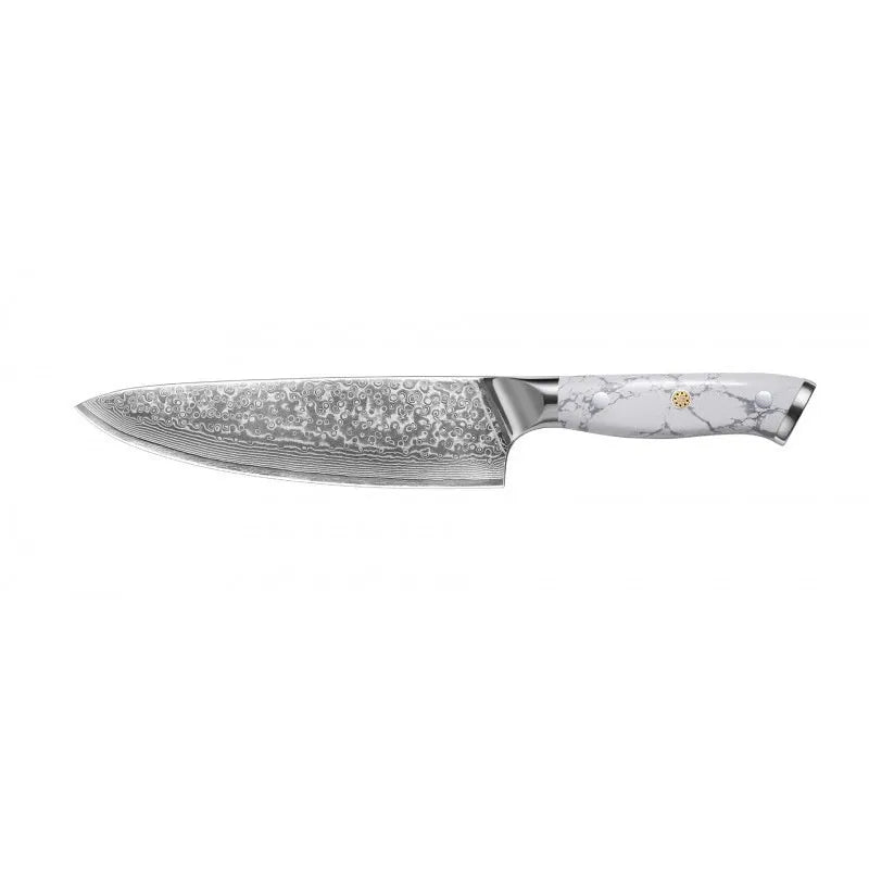 Damascus pattern chef's knife with 21cm VG10 steel blade and 11cm handle showing Japanese knife construction