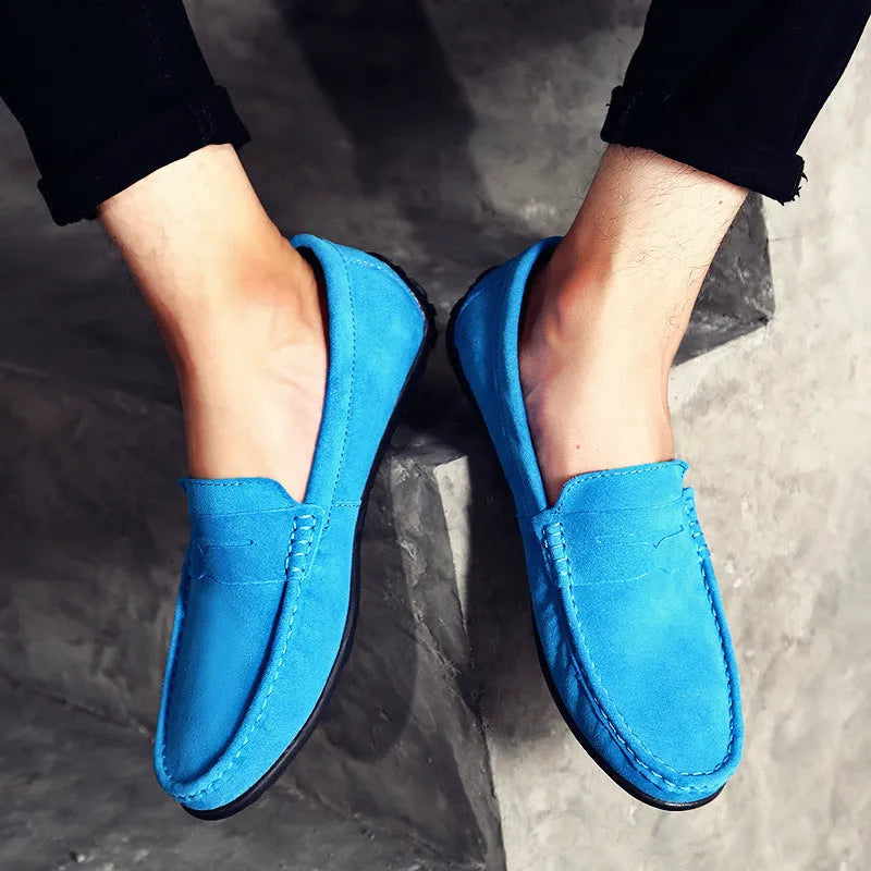 Men's suede Gommino loafers in plus sizes on a flat rubber sole, shown in a colour option.