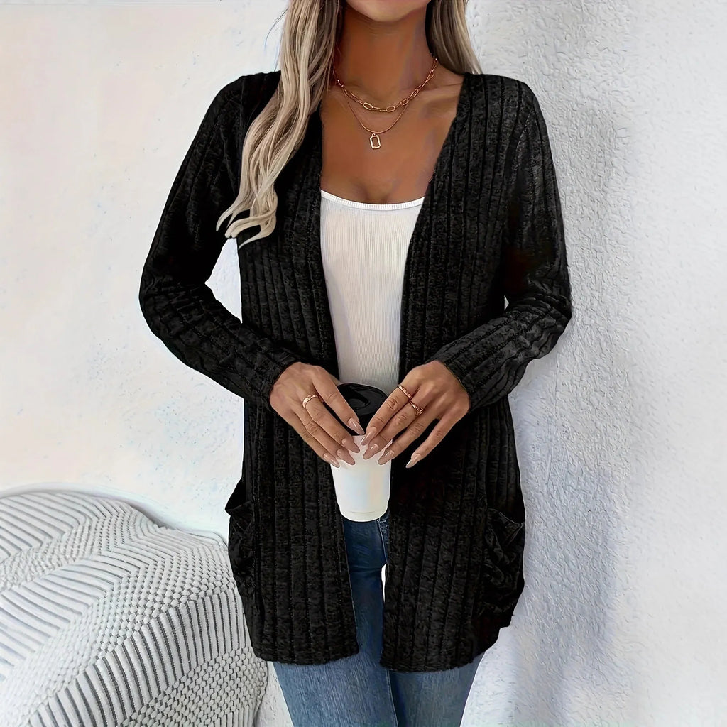 Women's solid colour long sleeve cardigan with pockets in loose fit, shown in Granny Grey.