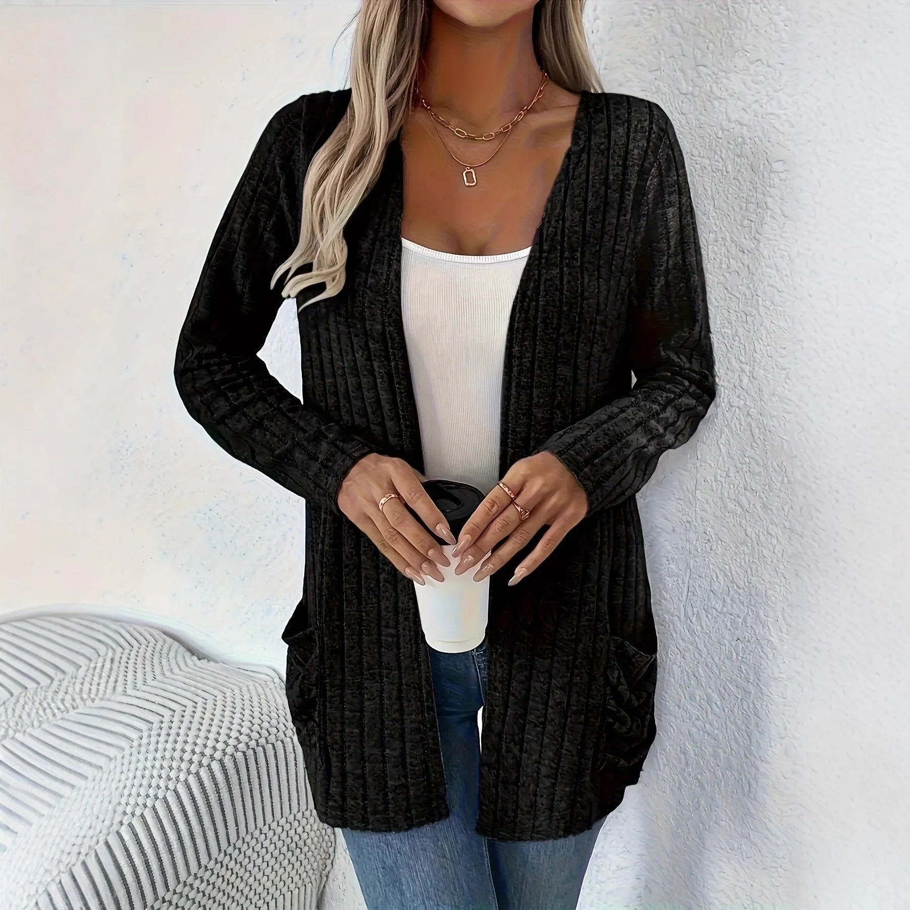 Women's solid colour long sleeve cardigan with pockets in loose fit, shown in Granny Grey.