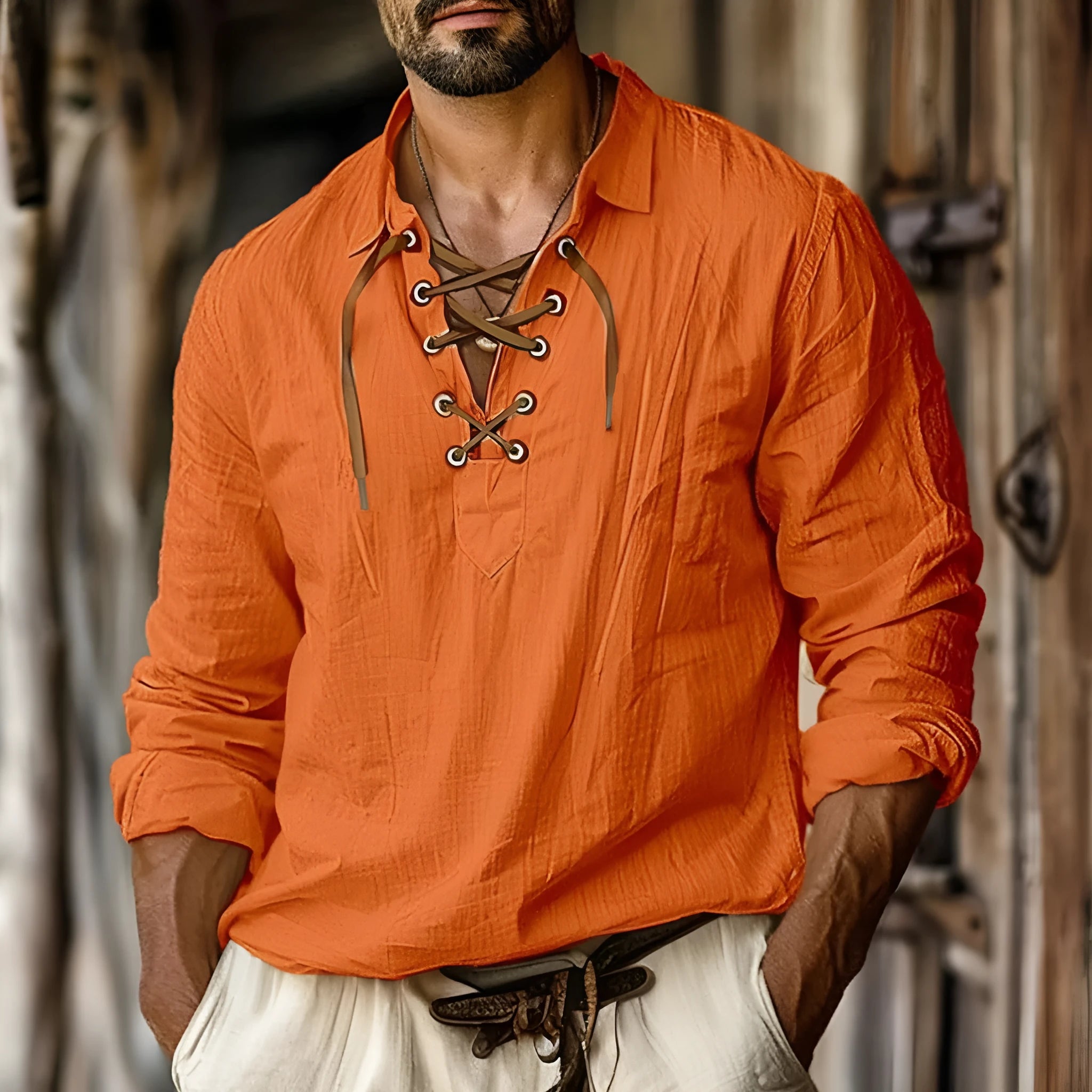 Men's loose fit plus size linen shirt with lapel collar and lace detailing in a solid colour.