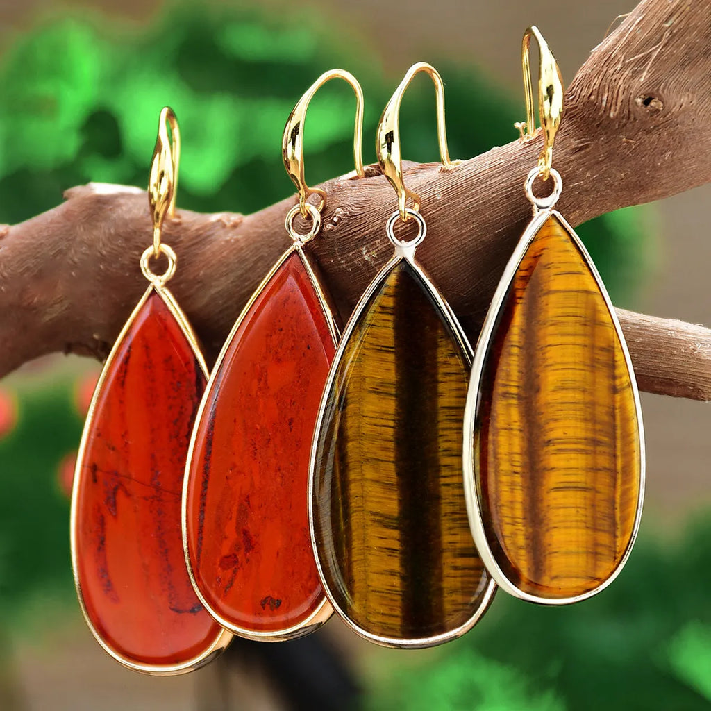 Handcrafted vintage stone water droplet earrings in tigereye, amethyst, pink crystal, redstone and turquoise colours