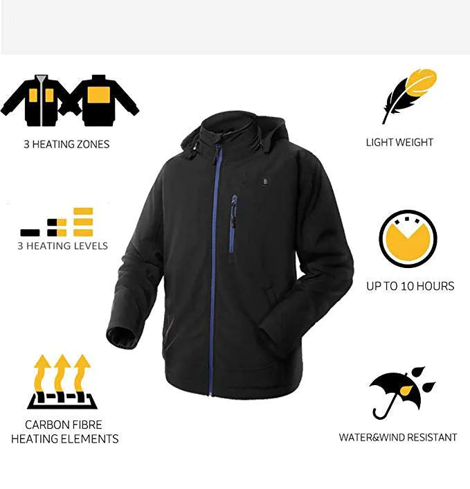 Black men's USB winter waterproof thermal coat with straight hem and zippered pockets