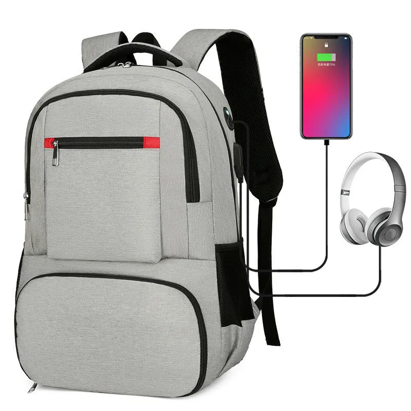 Oxford cloth insulated picnic backpack with curved straps, shown in light grey colour with pull rod belt attached.