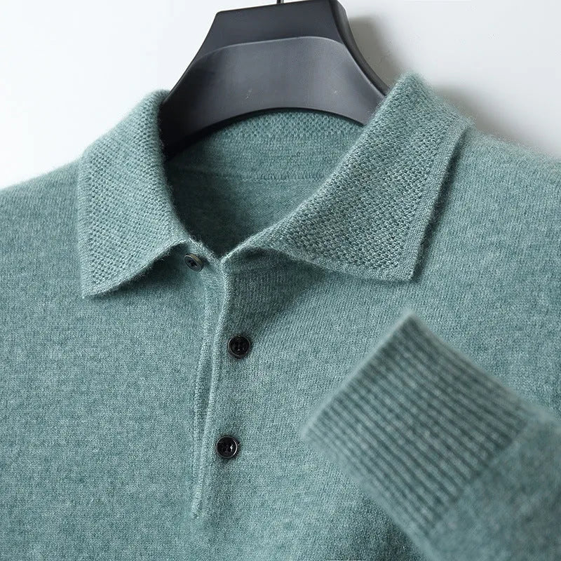 Men's grey wool sweater pullover with a polo collar and long sleeves laid flat.