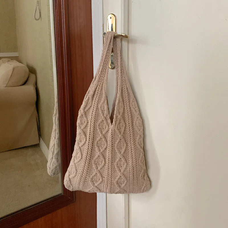 Retro style crochet wool yarn shoulder tote bag with double straps in various solid colours