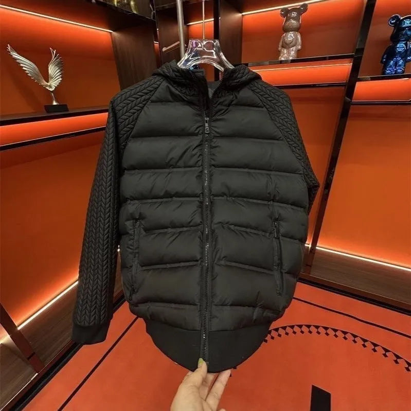 Men's black thick slim-fit hooded winter coat in polyester fibre on model