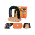 Grey plastic cat grooming arch with integrated brush bristles for scratching and rubbing.