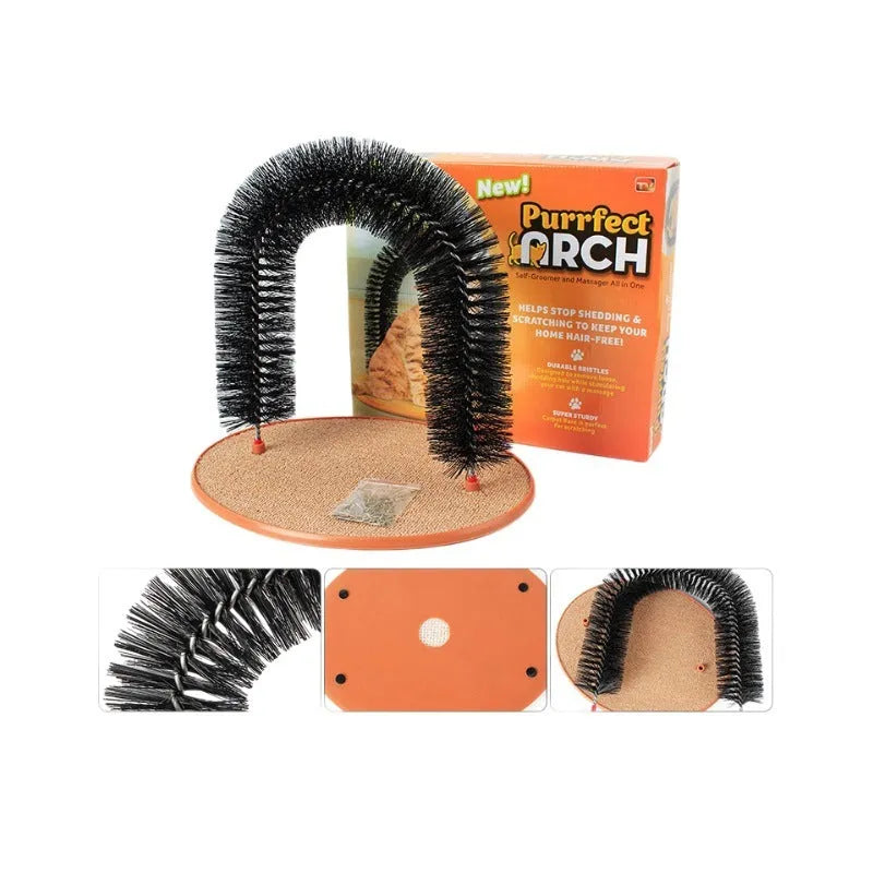 Grey plastic cat grooming arch with integrated brush bristles for scratching and rubbing.