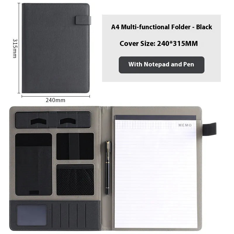 Leather A4 business folder in black showing document, pen, and notepad compartments