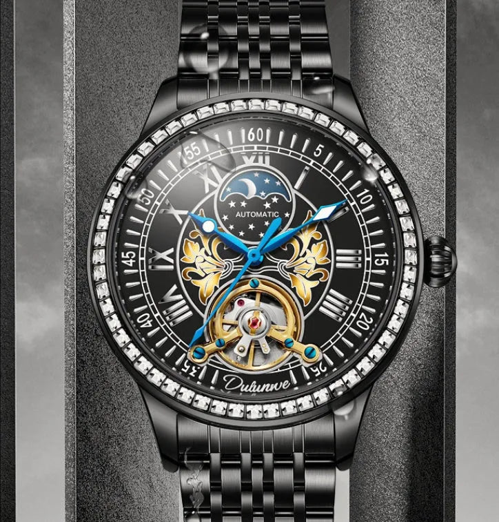 Men's mechanical waterproof watch with transparent case back showing movement and stainless steel butterfly buckle