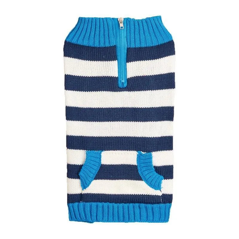 Grey dog sweater with horizontal zipper, button pocket, and contrast colour details for small to medium-sized dogs