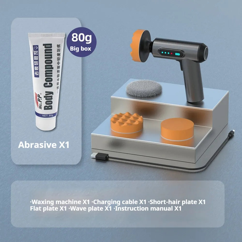 Wireless car polishing machine with three pads and charging cable on workbench