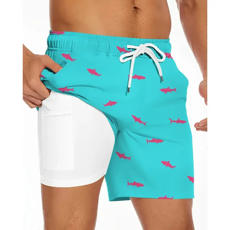 Men's loose-fit polyester beach shorts in a plus size on a neutral background