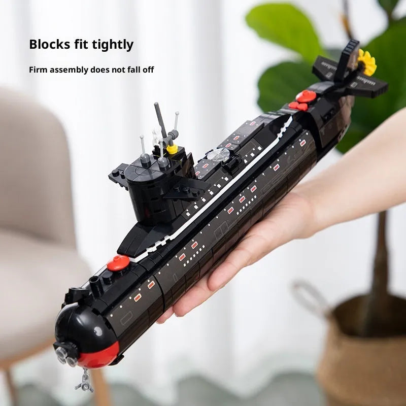 Military building blocks nuclear-powered submarine model assembled from small plastic bricks, colour box packaging, for kids aged 4 to 6
