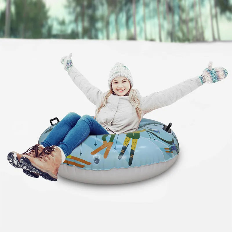 A thick PVC ski ring toy with a printed design for outdoor snow or beach play.